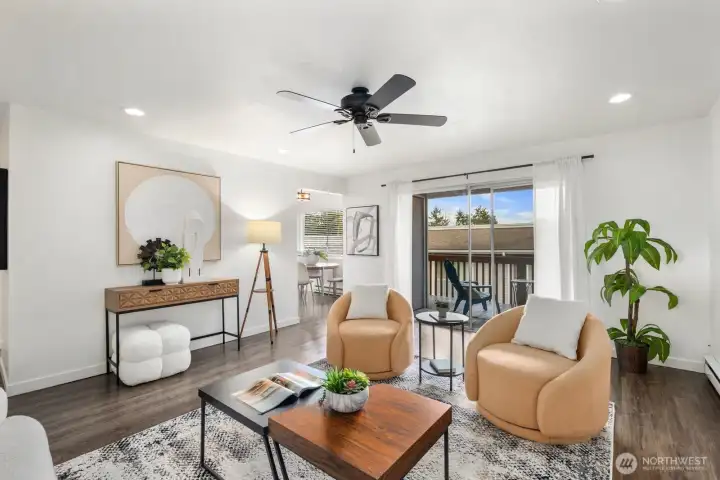 Thoughtful layout, spacious living room with access to private covered deck.