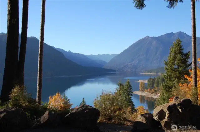 View of Lake Cushman in fall from overlook.