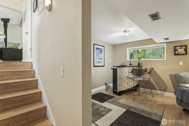 Down a few steps to the family room.