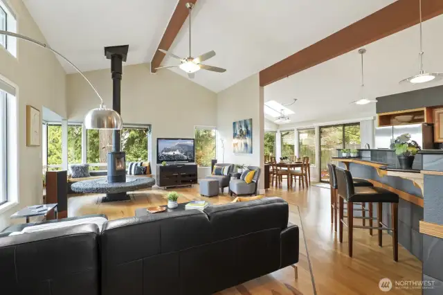 Great-room living areas with vaulted ceilings and exposed beams.