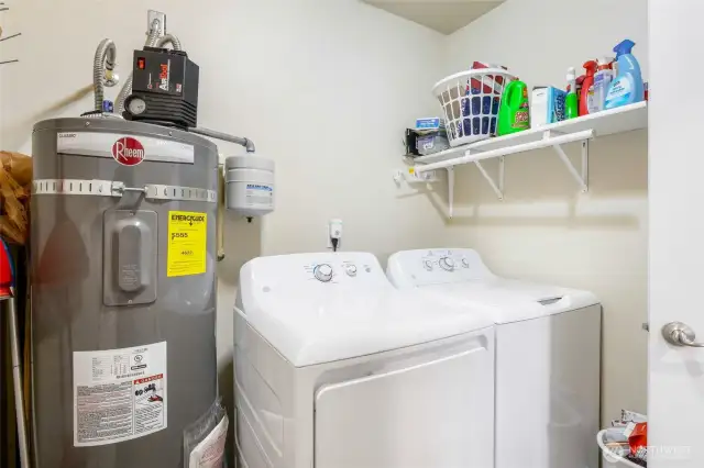 At the end of the hallway by the garage door is the utility room. Washer and dryer stay with the home, and the water heater is already strapped.