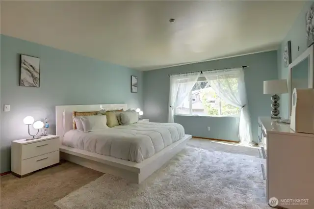 Spacious master bedroom suite with a big, sun-filled window—perfect for creating a relaxing retreat