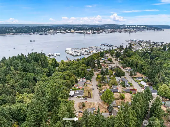 White arrow shows location of the home which is nearby Downtown Port Orchard and across the water from PSNS and Downtown Bremerton!