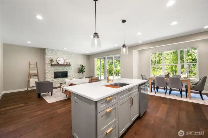 The kitchen and great room area overlook the beautiful backyard.
