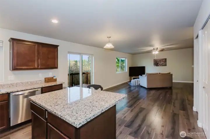 Kitchen view - granite countertop -living room