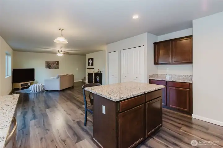 Kitchen view into living room- pantry