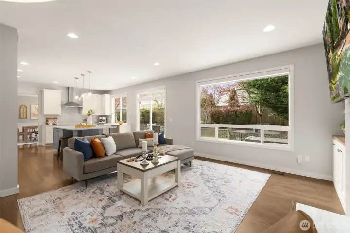 Cross section family room view, can lighting, open light and bright!