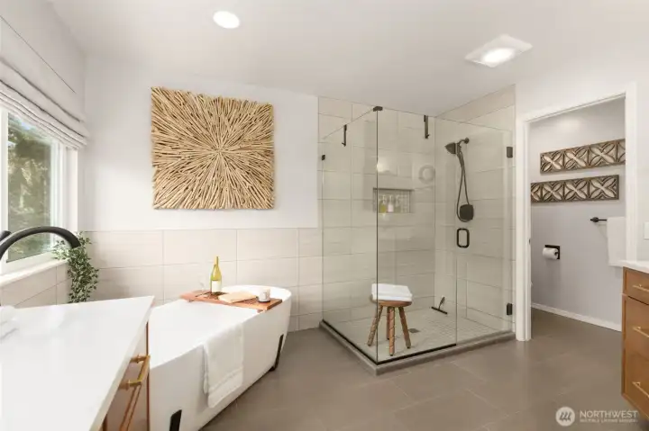 Walk-in shower and private lavatory.