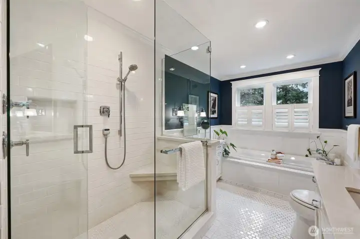 Kohler dual shower heads with thermostatic and volume control valves, Restoration Hardware mirrors & details… Luxury, style, and class.