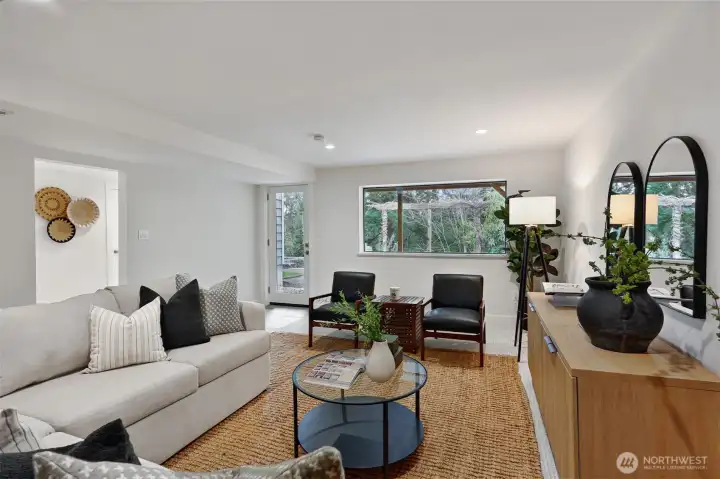 The rec room's connection to the back yard makes it easy to take a break after a gardening session.