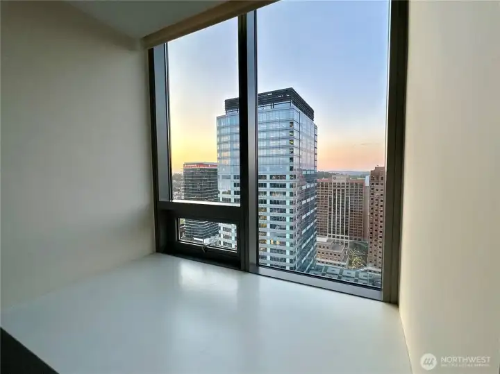 The bedroom window area can be lined with cushions and pillows, making it a comfy hang-out spot with great views. Plus there is a roll-down window shade controlled by a remote control.