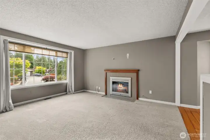 Spacious living room with gas fireplace