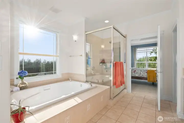 Oversized soaking tub & 3/4 shower