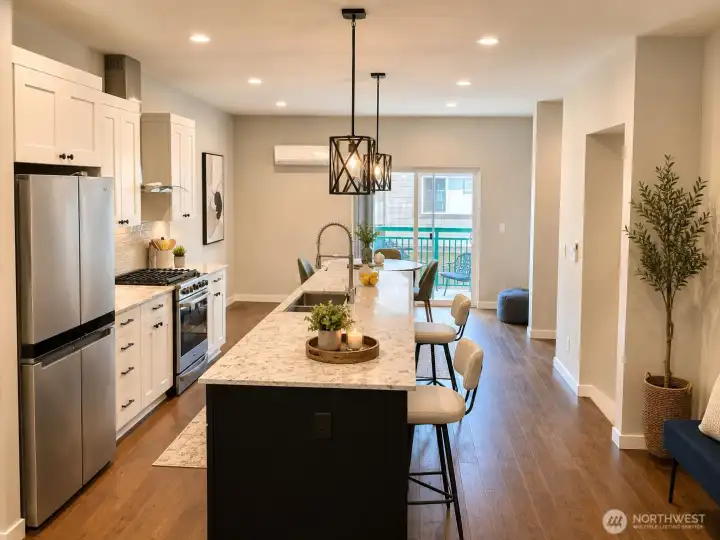 Second angle of the kitchen with dining area leading to the covered patio perfect for morning coffee! Second angle of the kitchen with dining area leading to the covered patio perfect for morning coffee!