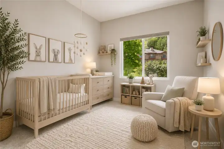 Spacious secondary upstaris bedroom currently staged as an office! This is a virtual staged nursery pic for options and illustration purposes only! Spacious secondary upstaris bedroom currently staged as an office! This is a virtual staged nursery pic for options and illustration purposes only!