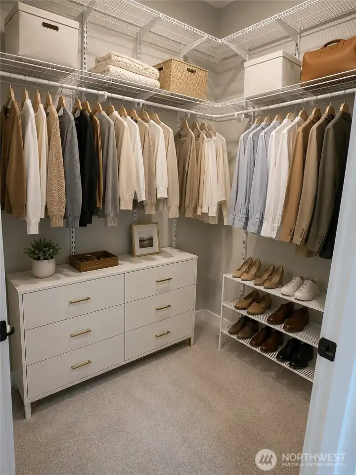 Spacious walk-in closet of the primary suite. Virtually staged for illustration purposes only. Spacious walk-in closet of the primary suite. Virtually staged for illustration purposes only.