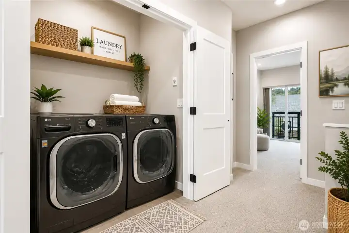 Virtual Staging Pic of the laundry room located conveniently across from the bedrooms! Like new upgraded washer and dryer included with the home! Xtra reading nook across from laundry! Virtual Staging Pic of the laundry room located conveniently across from the bedrooms! Like new upgraded washer and dryer included with the home! Xtra reading nook across from laundry!
