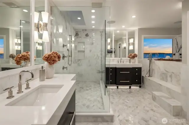 Beautiful 5-Piece primary bathroom with Massive walk-In closet with motion-sensor lighting.