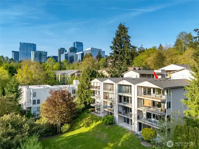 Top Floor End-unit in back of complex, newly installed triple pain windows and slider, territorial views with natural elements surround. Private and secluded in the heart of downtown Bellevue.