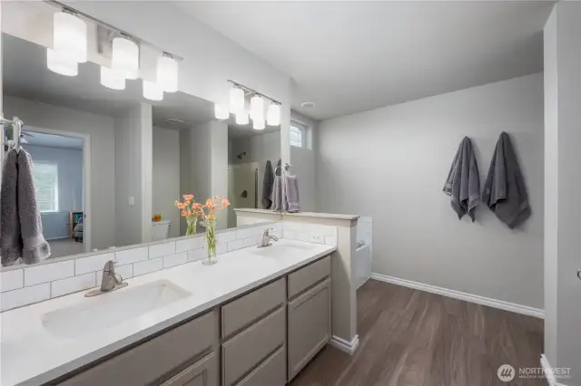 Primary bathroom with double sinks.