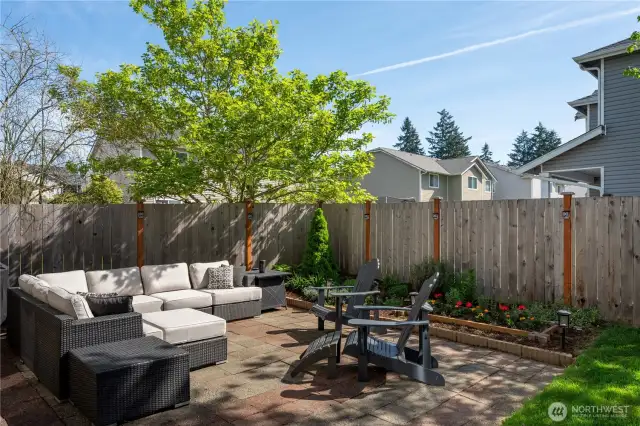 Large backyard patio. Great for entertaining or relaxing in the summer!