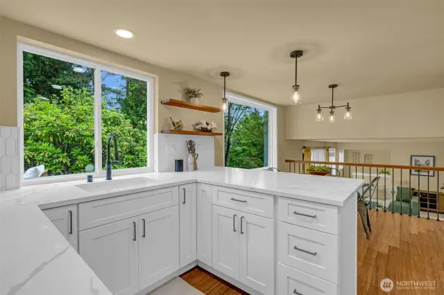 Open shelving adds a warm touch to the kitchen space