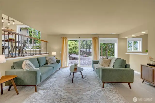 the second living space at the bottom of the stairs