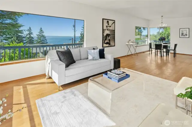 Large picture windows capture the views and bring in natural light.