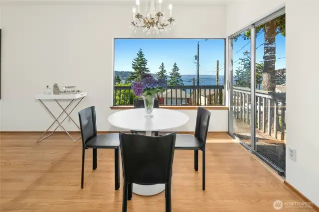 Spacious dining area can accommodate most any table.