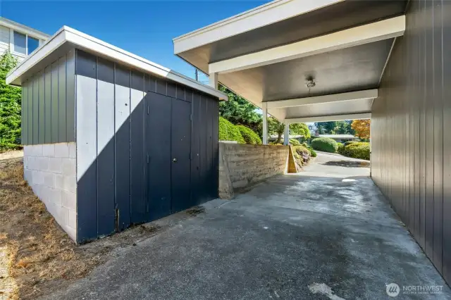 Tandem carport and storage shed.