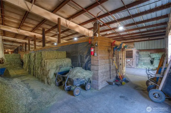 Hay storage on back side of stalls on far end of arena plus one of the stalls is currently being used for additional hay storage.