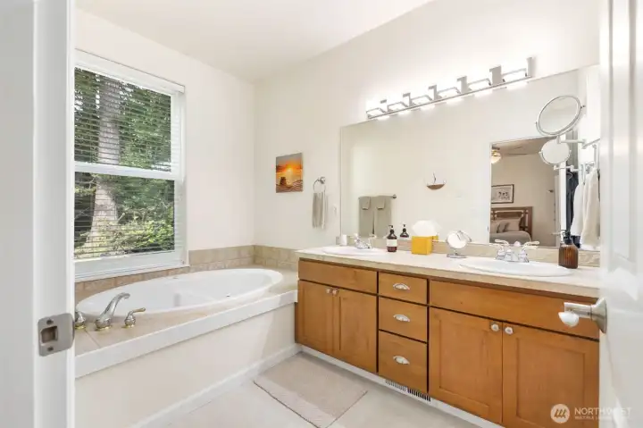 Spacious primary bathroom featuring a large soaking tub by the window and a double-sink vanity.