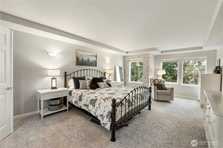 Primary Suite with Double doors , Plenty of windows for natural lighting , coffered ceilings attached Large 5 piece Bathroom