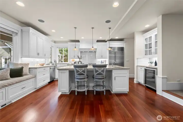 The kitchen is always the heart of the home and that is absolutely true here.  Light and bright, Subzero and Viking appliances, prep sink on the island and plenty of space for everyone to move around.
