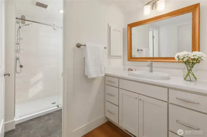 The primary bath boasts new everything.