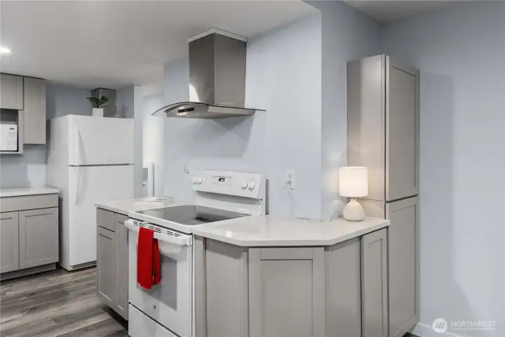 Two pull out spice racks, pantry, and wrap around counters