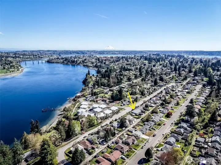 Warren Ave Bridge with Mount Rainier and the Cascades in the background.