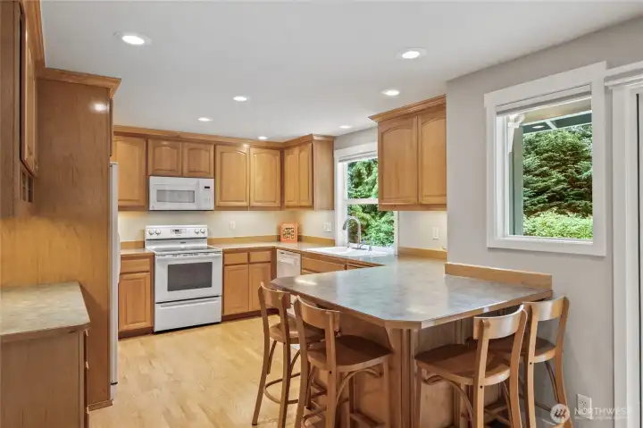 Counter offers built in eating area.