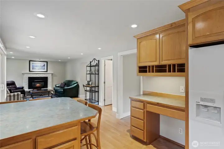 Open concept from kitchen into cozy family room.