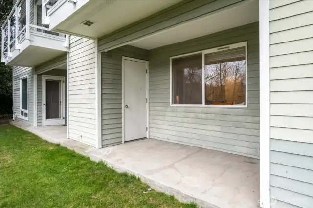 Large patio with storage