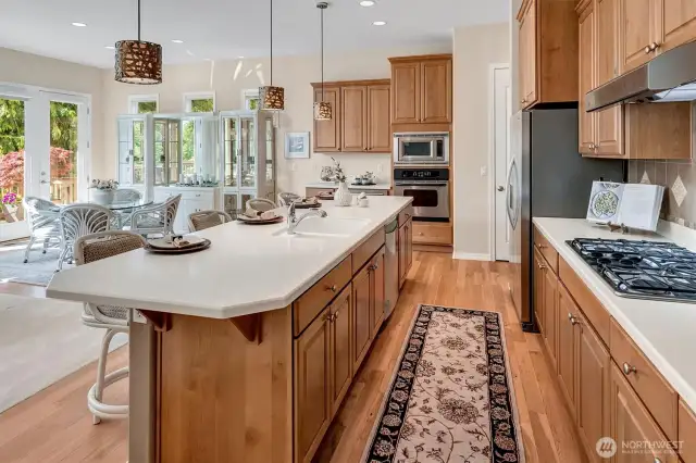 Large Kitchen area with Corian counters and stainless appliances including warming drawer