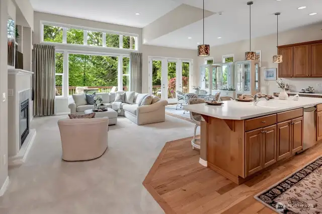 Inviting great room with soaring 12 ft ceilings