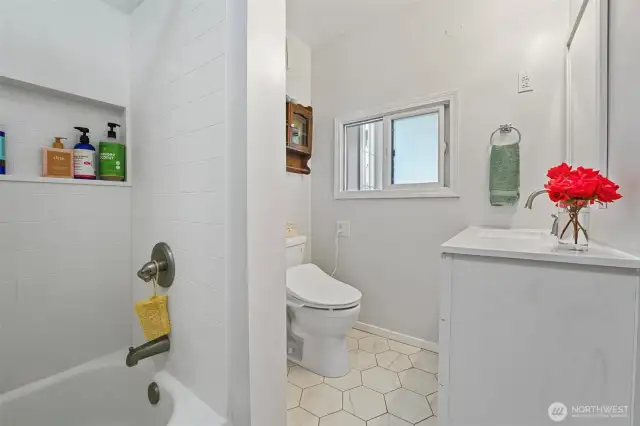 The main bathroom has been recently renovated.