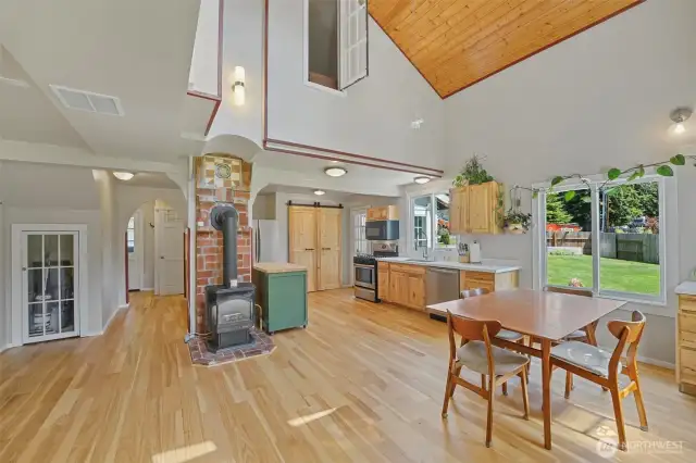 Open and bright with unique details.  The propane stove provides more than enough heat for the house.