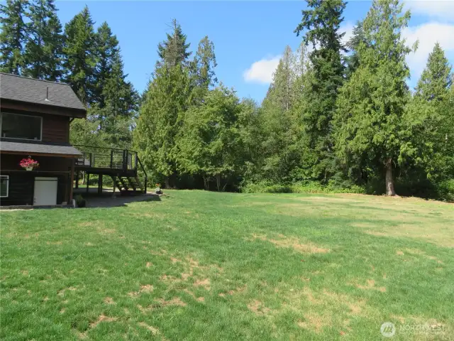 Lot of level grassy area all around the home.  Surrounded by trees and the area will not be developed due to wetlands on other surrounding property.
