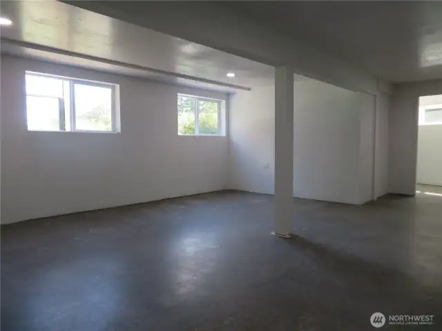 Lower level has another 1,700+ SF. This is the larger lower level living room with windows facing the east side of the home. The lower level has all of the sheetrock ainted, electrical switches and outlets, and three minisplits for heat and cooling.  Hook-ups for kitchen, laundry and bathroom.