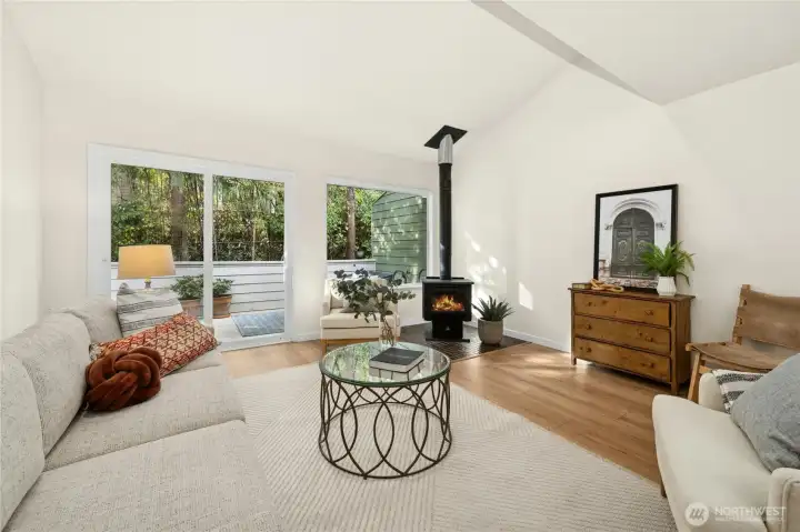 The sliding glass door leads out onto the west-facing deck.