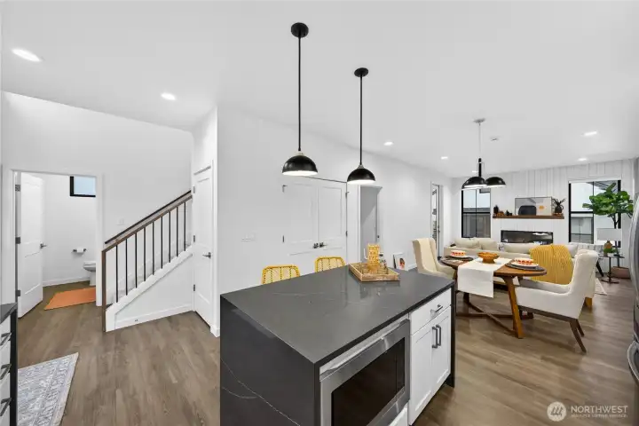 Under counter drawer microwave drawer in island.