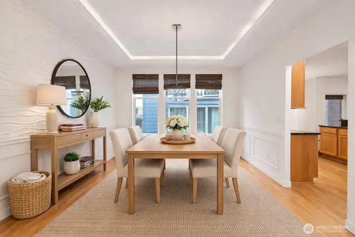 Dining room with coffered ceiling (virtually staged)