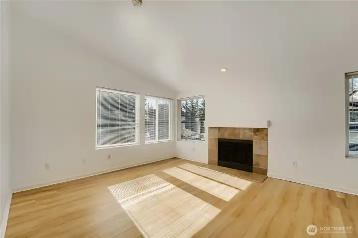 A fireplace in the living room invites relaxation.